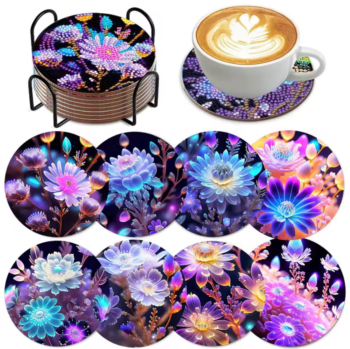 8pc Diamond Art Flower Coaters