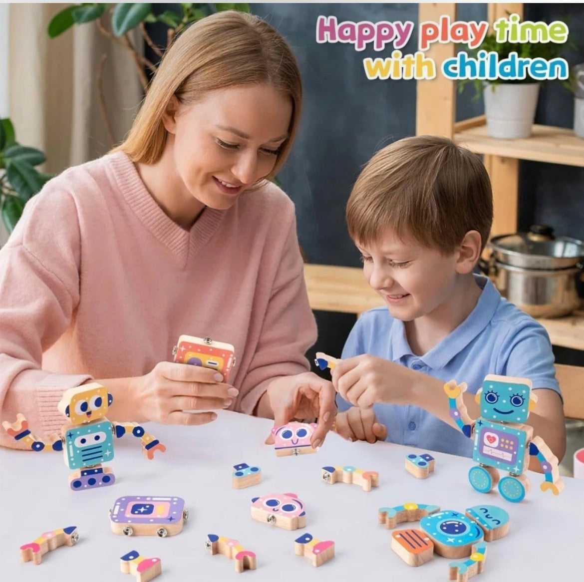 28PCS Robot Wooden Building Blocks Set