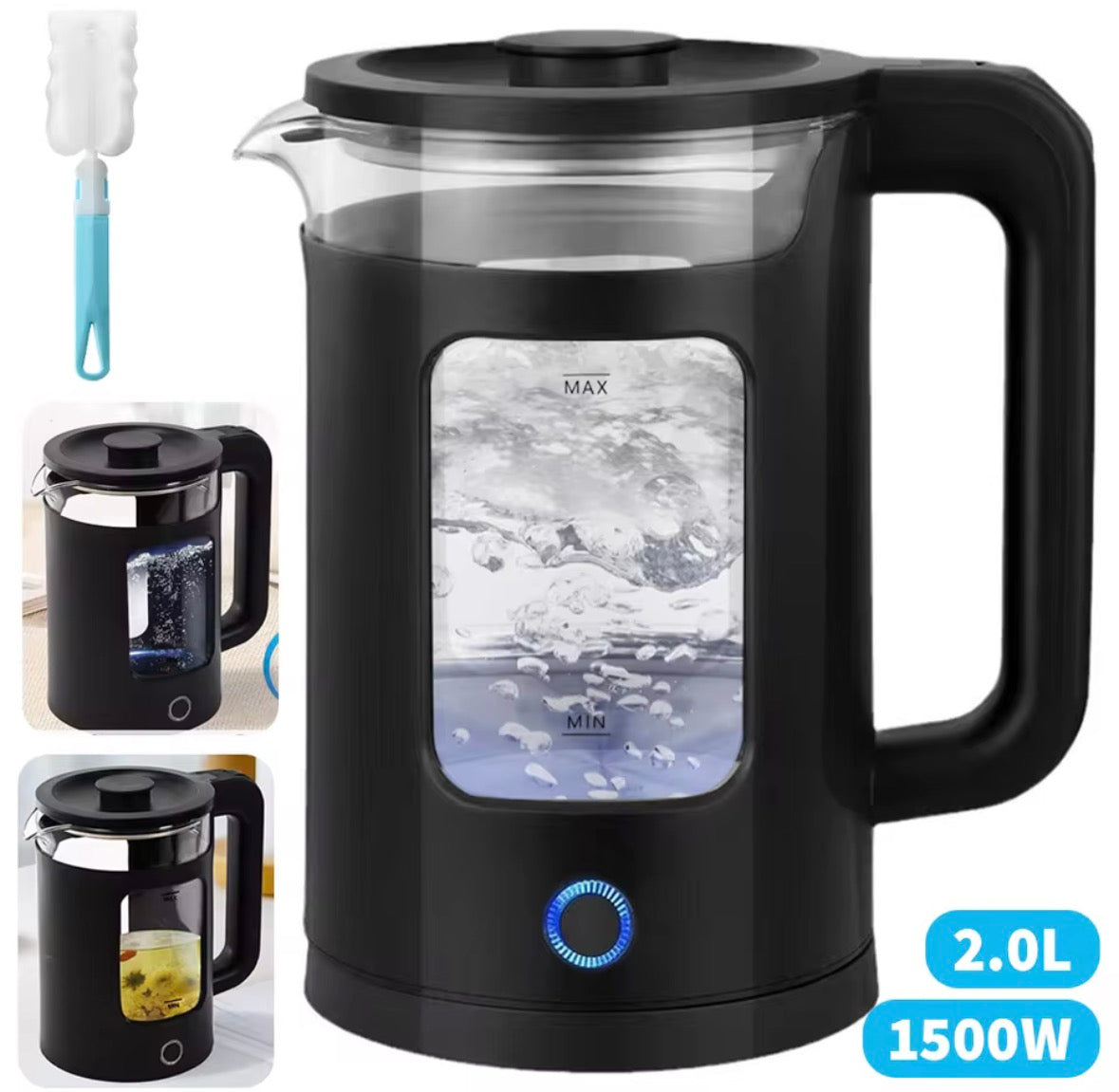2L Electric Glass Kettle Fast Boiling Function Illuminated Blue LED