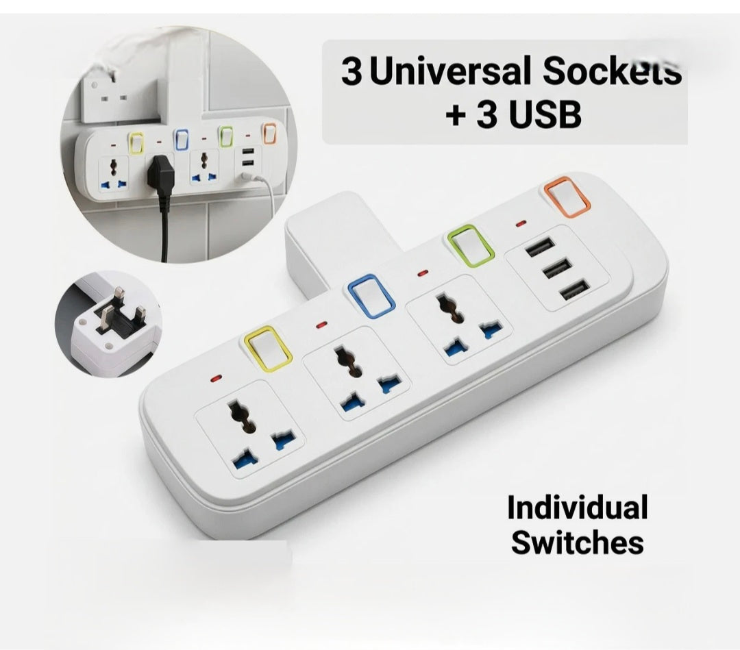 6 In 1 Multi Extension Plug 3 Way And 3 Usb