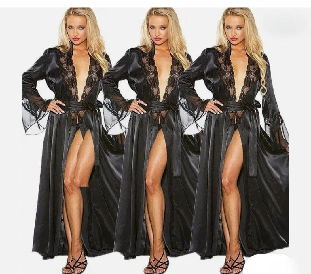 Womens Plus Size Satin Silk Lace Robe