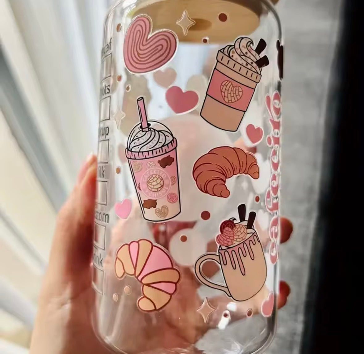 Dessert Pattern Glass With Bamboo Lid And Straw