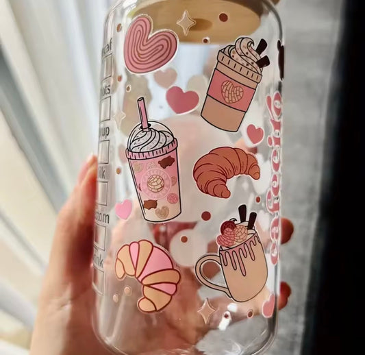 Dessert Pattern Glass With Bamboo Lid And Straw
