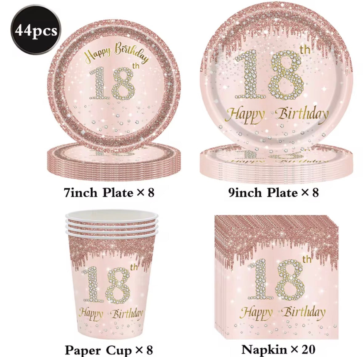 44pc Disposable Birthday Tableware
