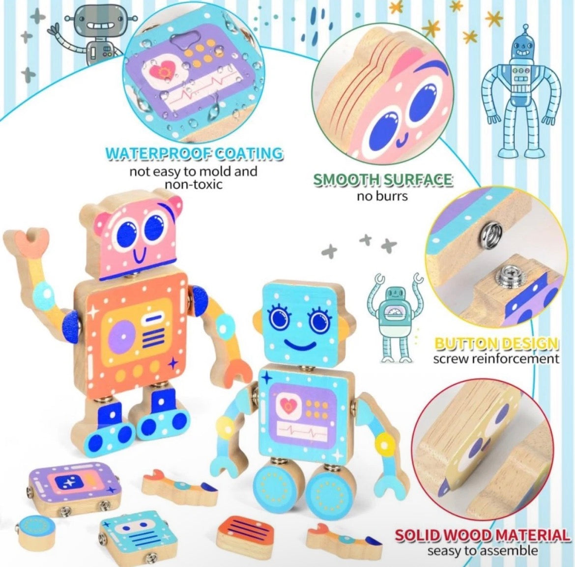 28PCS Robot Wooden Building Blocks Set