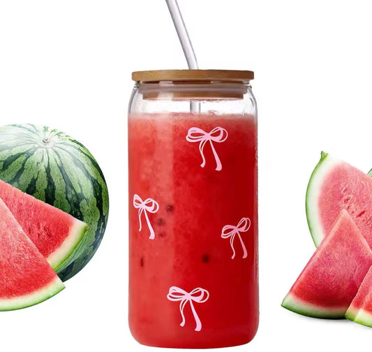 500ml Cute Bow Glass Juice Cup with Lid and Straw