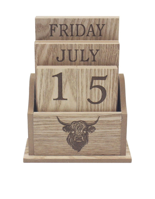 Wooden Perpetual Calendar Highland Cow