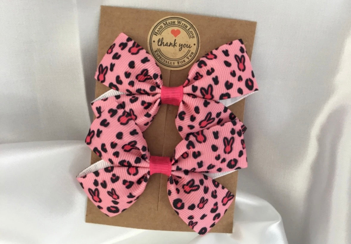 2pc Pink Leopard Bunny Hair Bows Clips