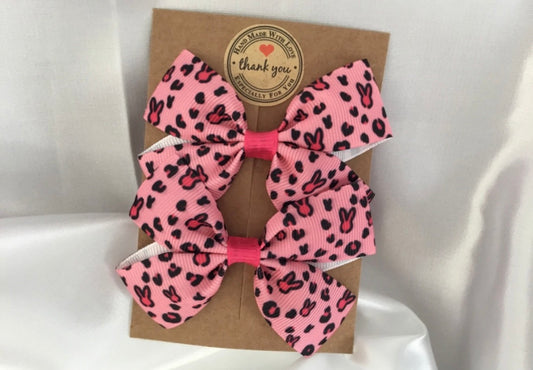 2pc Pink Leopard Bunny Hair Bows Clips