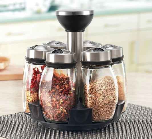 6 Pcs  Revolving Storage Spice Rack Stainless Set of Spice Jars