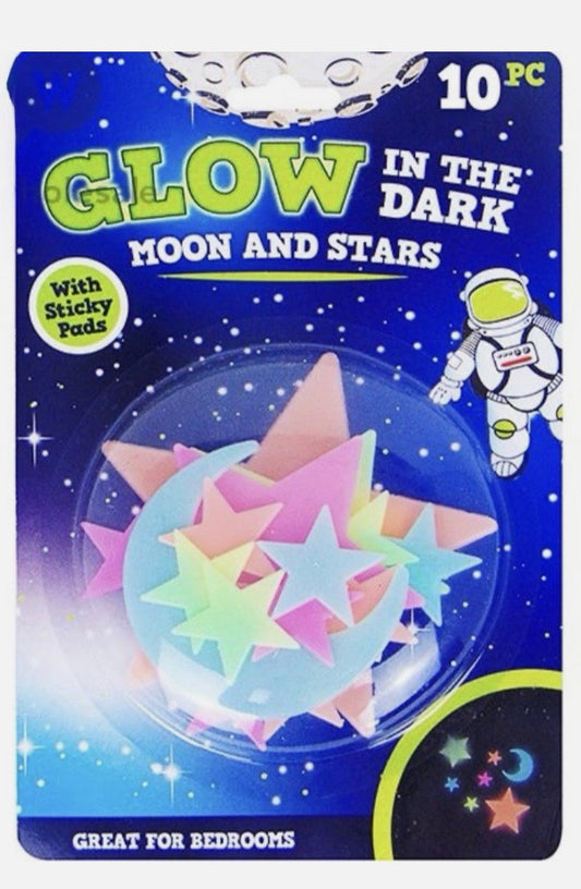 10 Pack Sticky Glow In The Dark Moons & Stars Assorted Colours