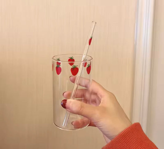 300ML Ins Strawberry Glass Cups with Straws Clear