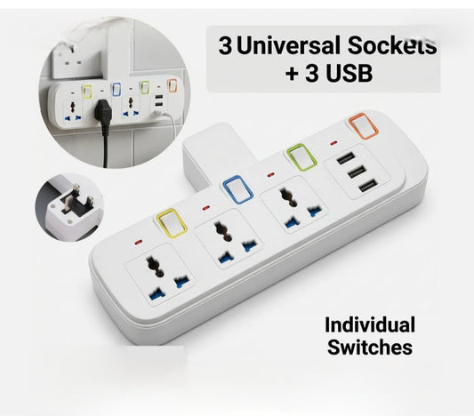 6 In 1 Multi Extension Plug 3 Way And 3 Usb