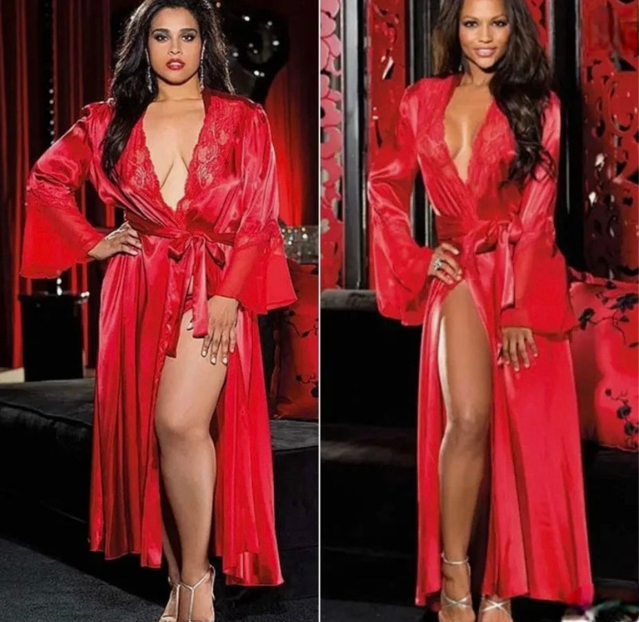 Womens Plus Size Satin Silk Lace Robe