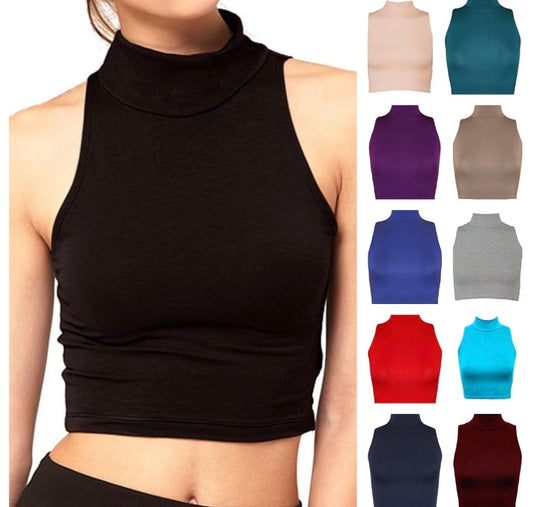 Turtle Neck Sleeveless Crop Top