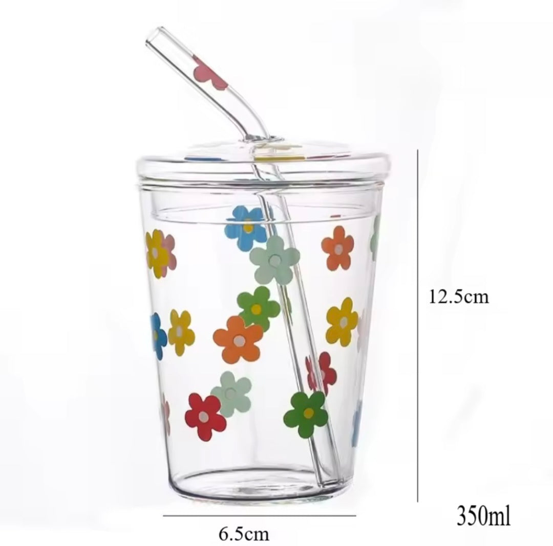 Glass Cups With Lid & Straw