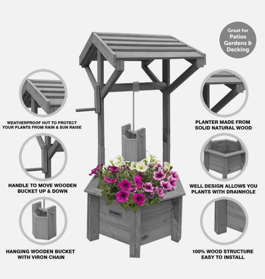 Grey Wooden Wishing Well Garden Planter