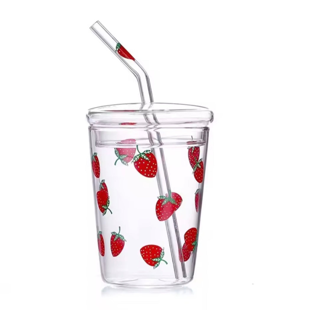 Glass Cups With Lid & Straw