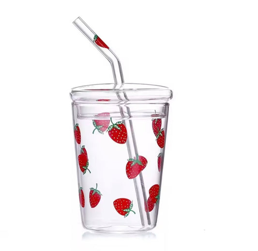 Glass Cups With Lid & Straw