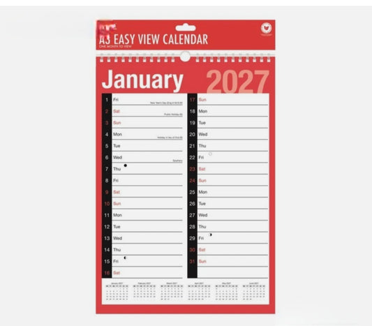 A3 Month To View Wall Calendar 2027