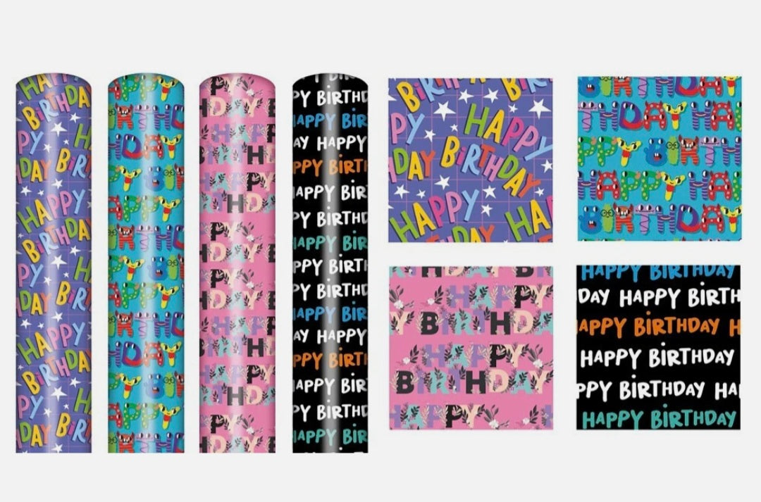 4 Rolls Of Unisex Birthday Wrapping Paper